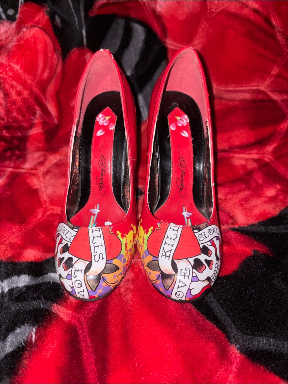 Ed Hardy Red Tattoo-Print Women's Heels